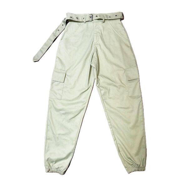 XS NWT Prettylittlething Sage Mint Green Eyelet Belted Cargo Pants High Rise - Picture 3 of 6